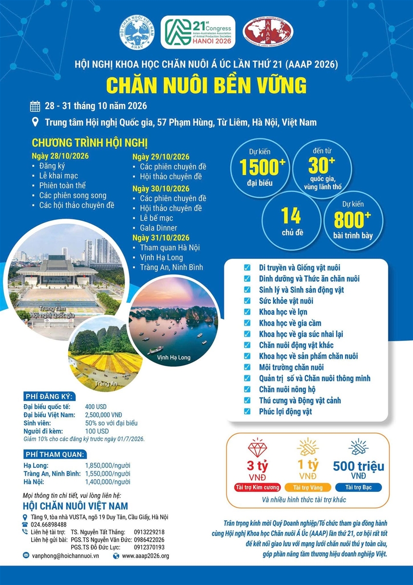 HỘI CHĂN NUÔI VIỆT NAM MỜI THAM GIA ĐẤU THẦU GÓI TỔ CHỨC SỰ KIỆN VÀ HẬU CẦN HỘI NGHỊ KHOA HỌC CHĂN NUÔI Á-ÚC LẦN THỨ 21 (AAAP 21)