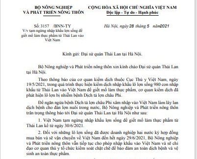 Việt Nam tạm ngừng nhập khẩu lợn sống từ Thái Lan để giết mổ làm thực phẩm